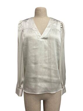 White House Black Market Womens Ivory Satin V-Neck Blouse Small Long Sleeve Top